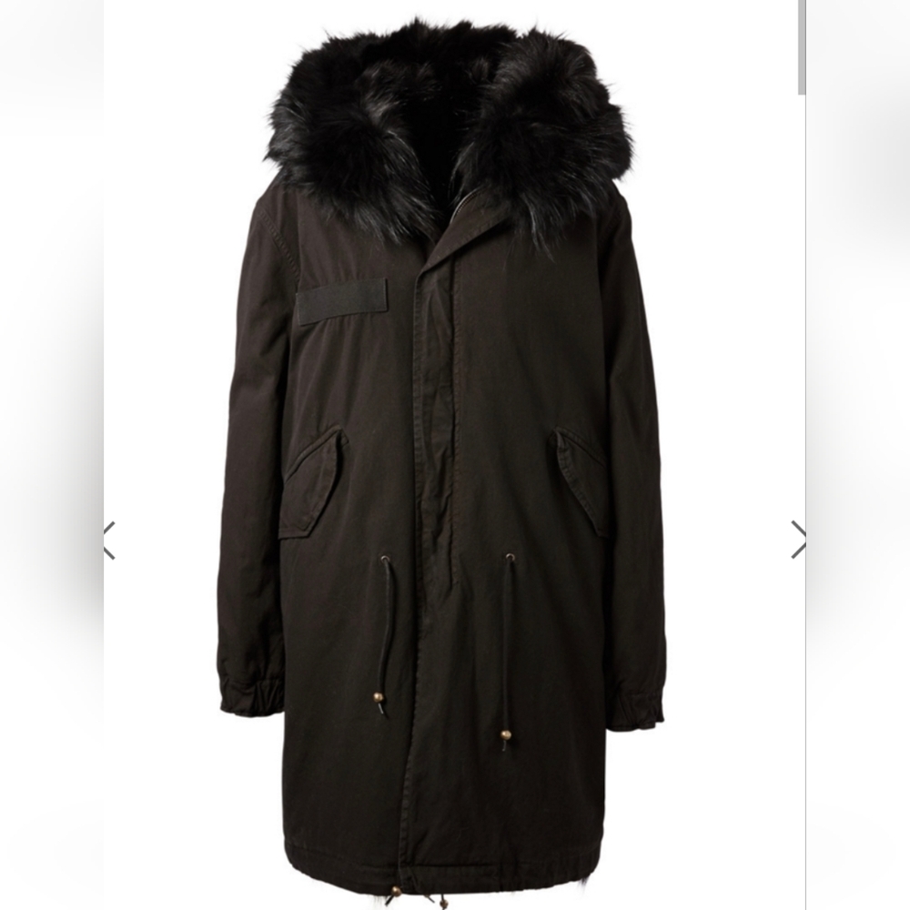Black Cotton Utility Fur Lined Coat Black Cotton Exterior Tan Brown Fur Lined L